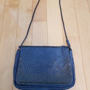 Blue vegan leather purse with bronze bead detail